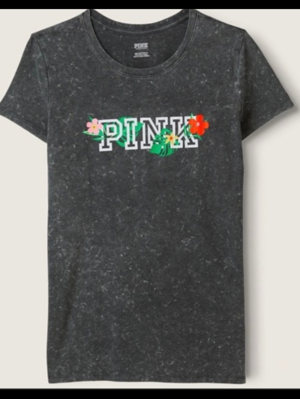 PINK Victoria's Secret Black Mineral-Wash Logo Short SleevTee with Floral Accent